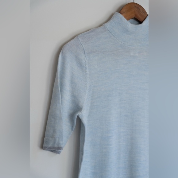 100% Merino Wool Light Blue Mock Neck Short Sleeve Sweater - Picture 3 of 8